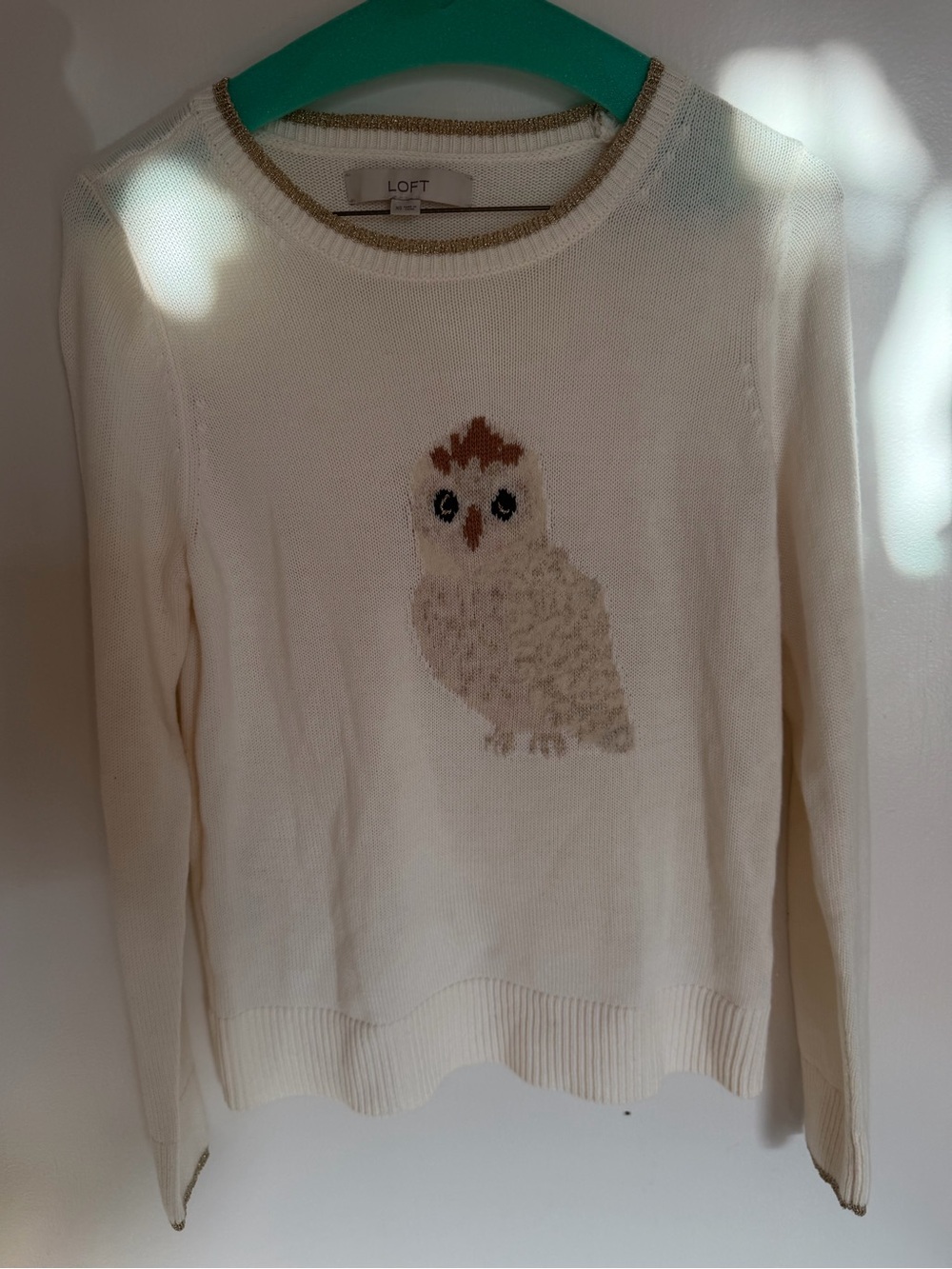 LOFT Owl Knit Crewneck Sweater Cream Gold Metallic Trim Graphic XS